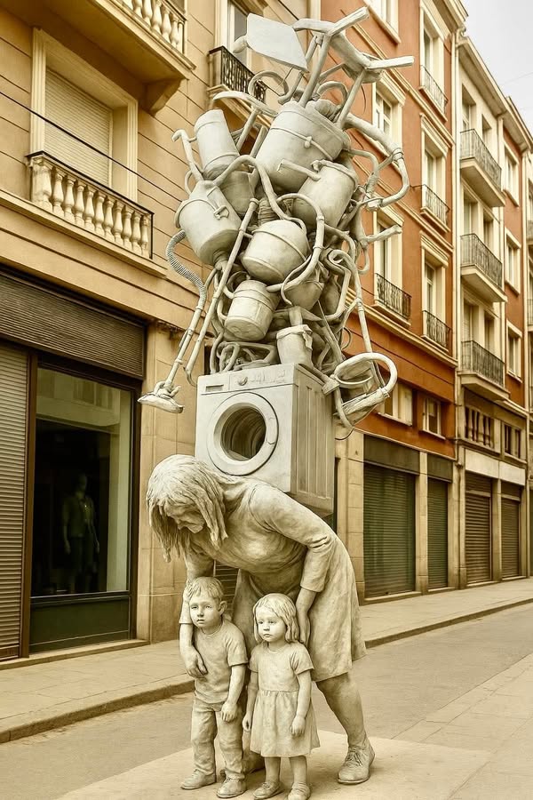 Vi esta imagen  en la Red y no encontré el autor nombrado en ninguna parte. Seguro que es una mujer la autora de esta magnífica  escultura...]
"Monumento a la mujer que “no hace nada en casa”.